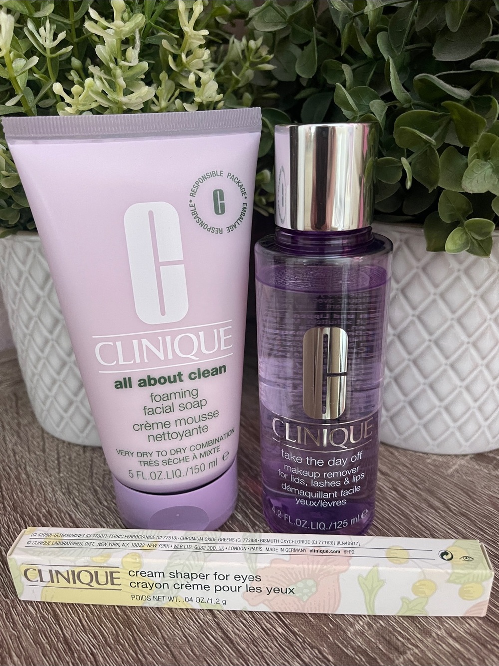 Clinique Pink Foaming Facial Soap, Purple Makeup Remover & Eye Cream Shaper Trio